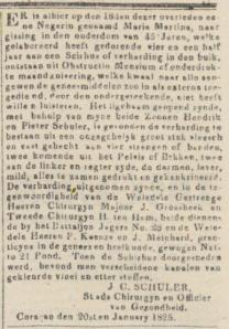 De Curaçaosche Courant 29-01-1825, bericht van de stads chirurgijn en officier van gezondheid J.C. Schüler over door hem verricht medisch onderzoek op de negerin Maria Martina. 