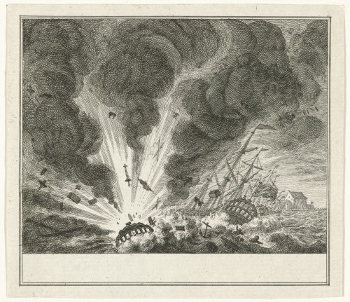 Ontploffen van het oorlogsschip Alphen in de haven van Curaçao, 1778, Simon Fokke, 1778 - 1779 (Rijksmuseum)