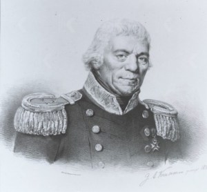 Portret van Abraham Kuvel (1757 - 1832), vice-admiraal en broer van W.S. Lix Raaven - Kuvel, prent naar schilderij van J.A. Kruseman, 1832 (RKD)